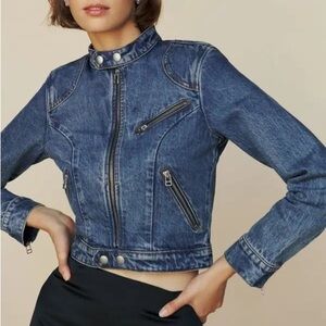 NEW REFORMATION Danica Racer Denim Jacket Jean Denim Zips Dark Blue Jacket XS